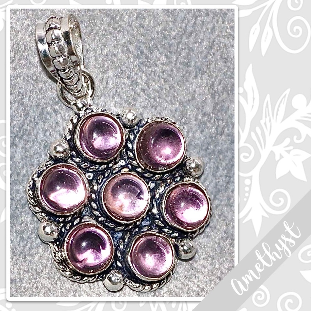 Amethyst Southwest Style Silver Artisan Sunflower Pendant, 1.5” Lavender Purple